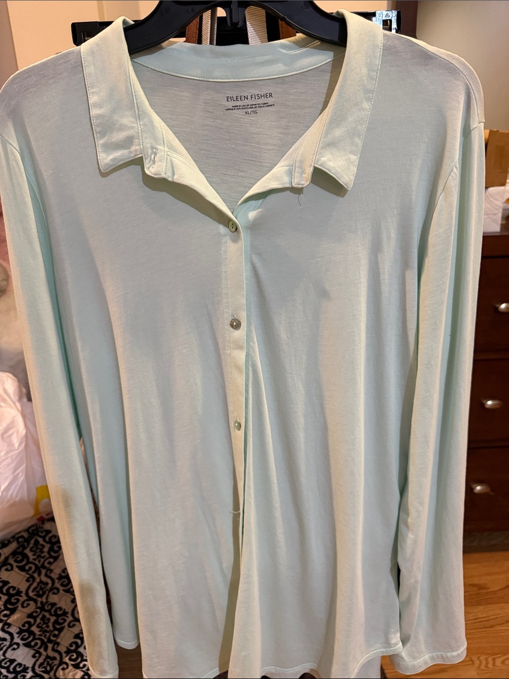 Eileen Fisher Pale Mint Long-Sleeve Button Front Top Made in the USA